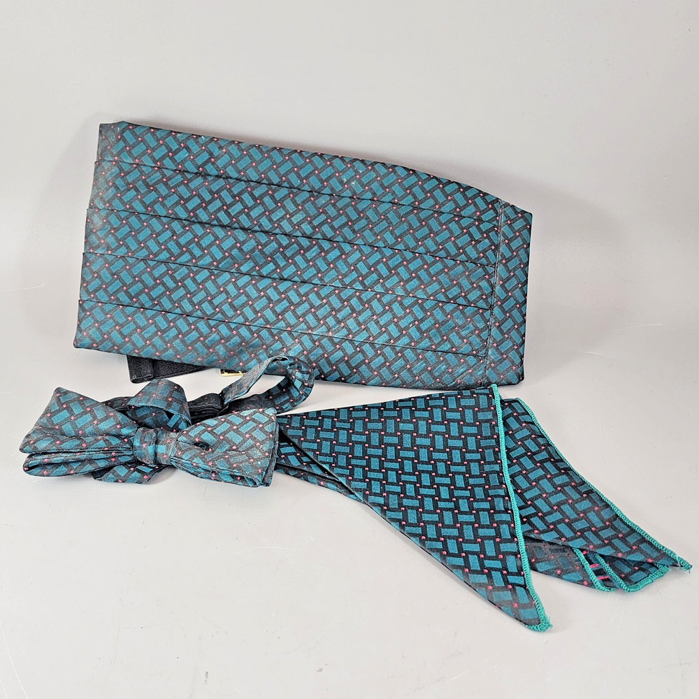 Cummerbund, Bowtie, Handkerchief Set Teal Brown w/Pink Dots Geometric Pattern